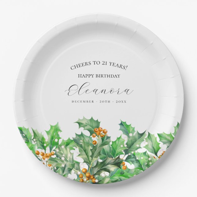 21st Birthday December Birth Flower Holly Custom Paper Plate (Front)