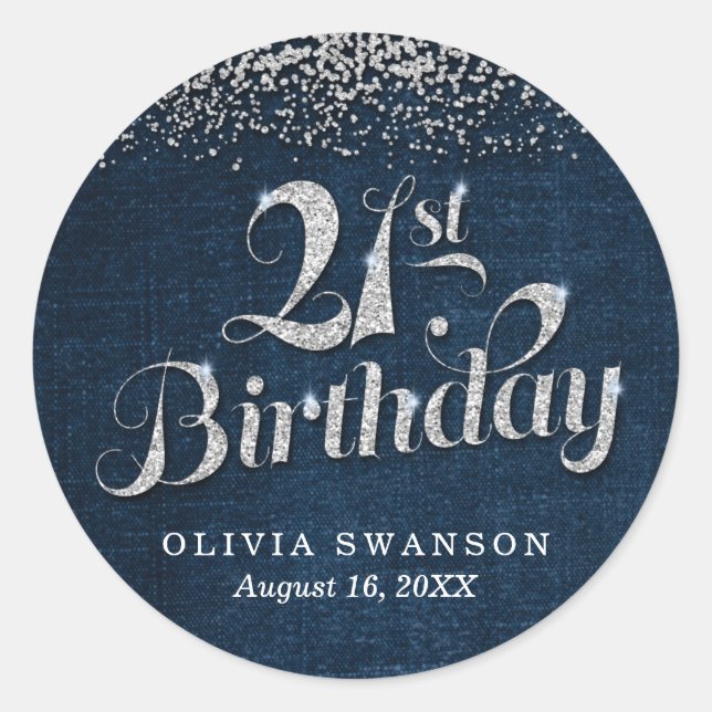 21st Birthday Denim & Diamonds Classic Round Sticker (Front)