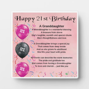 21st Birthday Design Granddaughter Poem Plaque