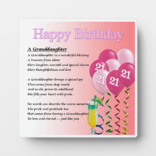 21st  Birthday Design Granddaughter Poem Plaque