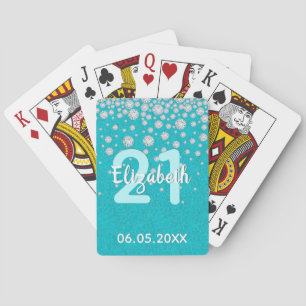 21st birthday diamonds glitter teal green playing cards
