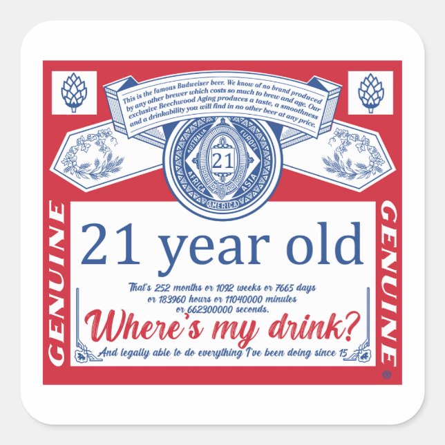 21st birthday drink legal, where is my drink square sticker (Front)