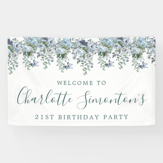 21st Birthday Dusty Blue Floral Welcome Banner (Horizontal)