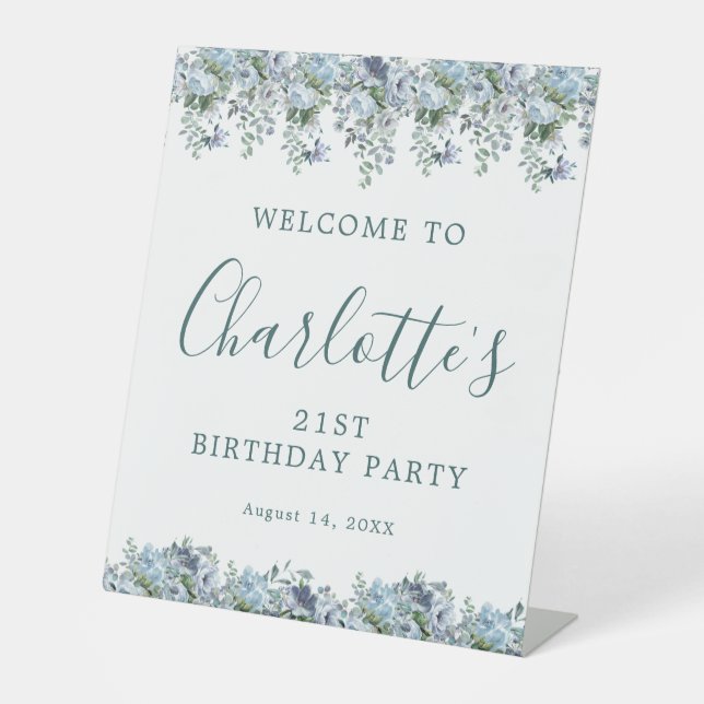 21st Birthday Dusty Blue Floral Welcome Pedestal Sign (Front)