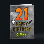 21st Birthday: Eerie Halloween Theme   Custom Name Card<br><div class="desc">The front of this scary and spooky Halloween themed birthday greeting card design features a large number “21”. It also features the message “HAPPY BIRTHDAY, ”, and a custom name. There are also depictions of a ghost and a bat on the front. The inside features a personalised birthday greeting message,...</div>