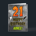 21st Birthday: Eerie Halloween Theme   Custom Name Card<br><div class="desc">The front of this scary and spooky Halloween themed birthday greeting card design features a large number “21”. It also features the message “HAPPY BIRTHDAY, ”, and a custom name. There are also depictions of a ghost and a bat on the front. The inside features a personalised birthday greeting message,...</div>