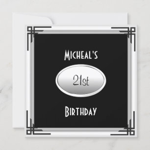 21st Birthday Elegant Black White silver Mens Invitation