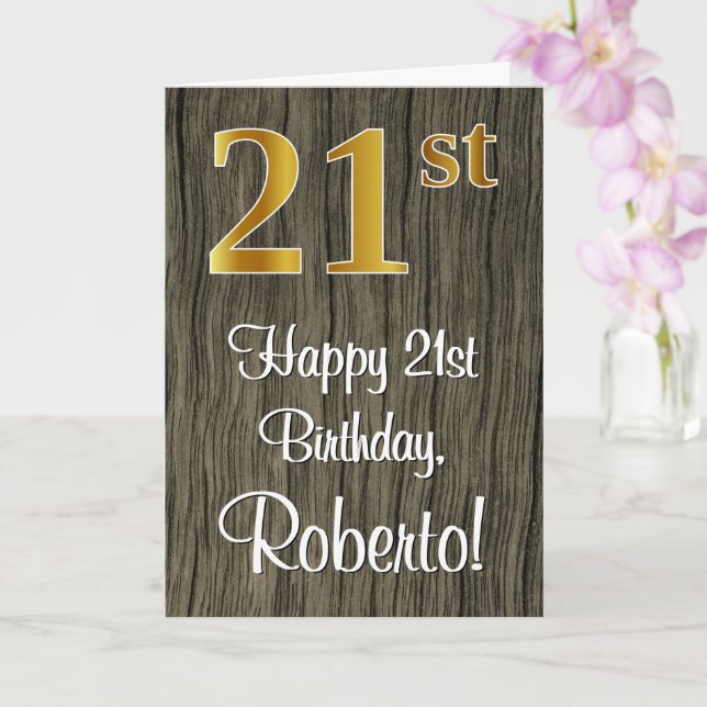 21st Birthday: Elegant Faux Gold Look #, Faux Wood Card (Orchid)