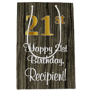 21st Birthday: Elegant Faux Gold Look #, Faux Wood Medium Gift Bag