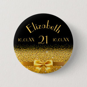 21st birthday elegant gold bow with ribbon black 6 cm round badge