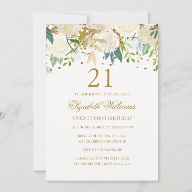21st Birthday Elegant Gold Floral Invitation (Front)