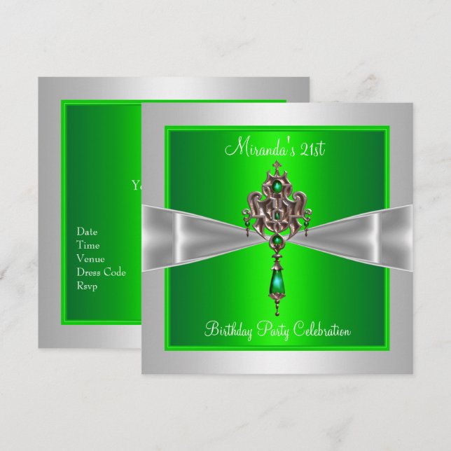 21st Birthday Elegant Lime Green Silver White Bow Invitation (Front/Back)
