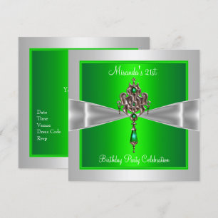 21st Birthday Elegant Lime Green Silver White Bow Invitation