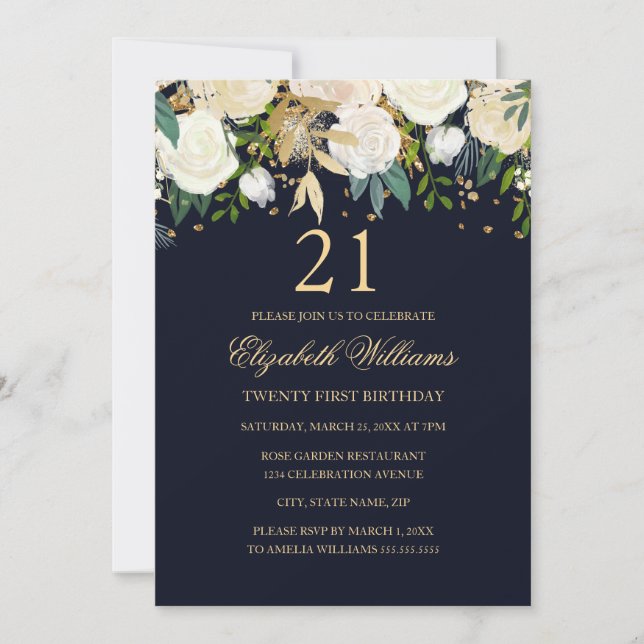 21st Birthday Elegant Navy Gold Floral Invitation (Front)