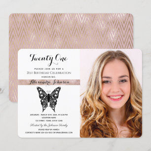 21st Birthday Elegant Pink Black & White Photo Invitation