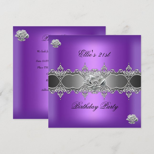21st Birthday Elegant Purple Silver Floral Jewel Invitation (Front/Back)