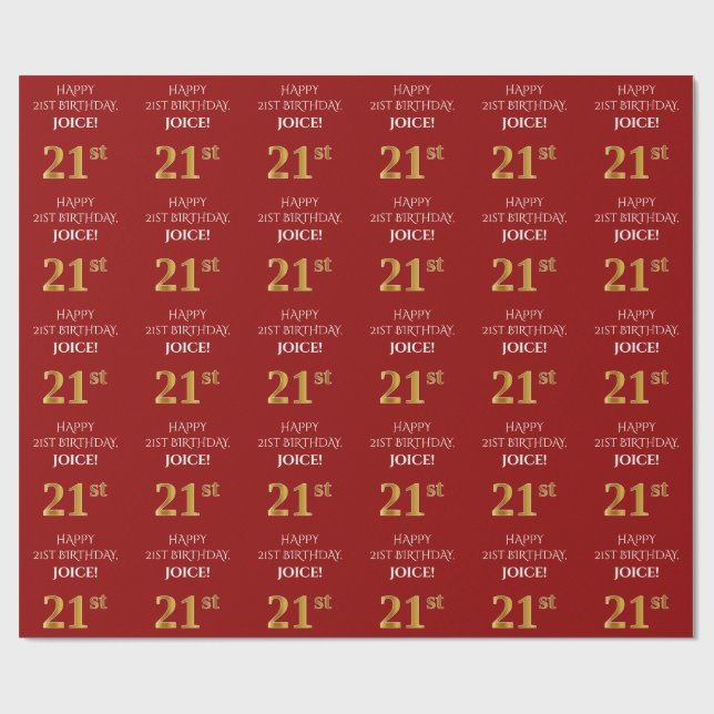 21st Birthday: Elegant, Red, Faux Gold Look Wrapping Paper (Flat)