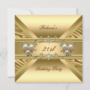21st Birthday Elegant Zebra Gold Pearl Jewels Invitation