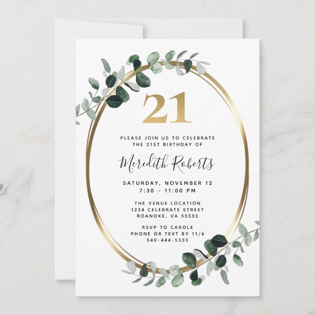 21st Birthday Eucalyptus Gold Metallic Party Invitation (Front)