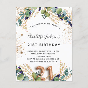 21st birthday eucalyptus greenery glitter elegant invitation postcard