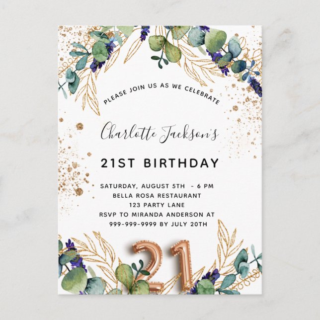 21st birthday eucalyptus greenery glitter elegant invitation postcard (Front)