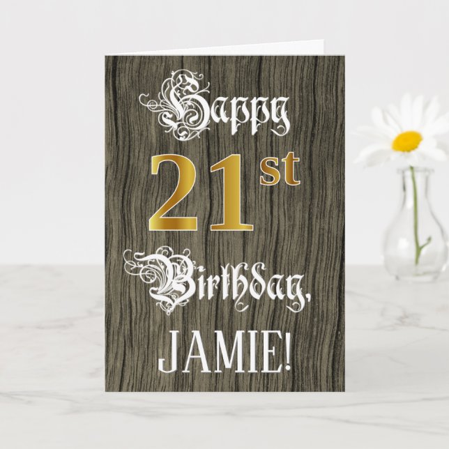 21st Birthday: Faux Gold Look + Faux Wood Pattern Card (Small Plant)