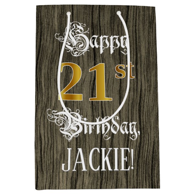 21st Birthday: Faux Gold Look & Faux Wood Pattern Medium Gift Bag (Front)