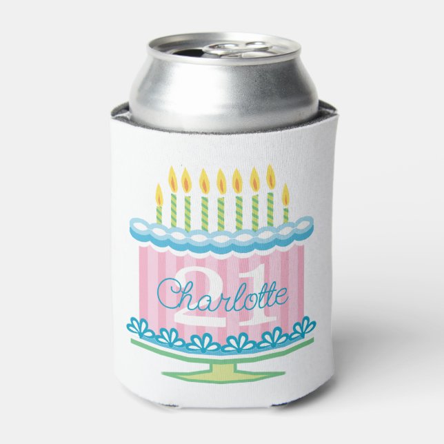 21st Birthday Floral Cake Present Custom Name Can Cooler (Can Front)