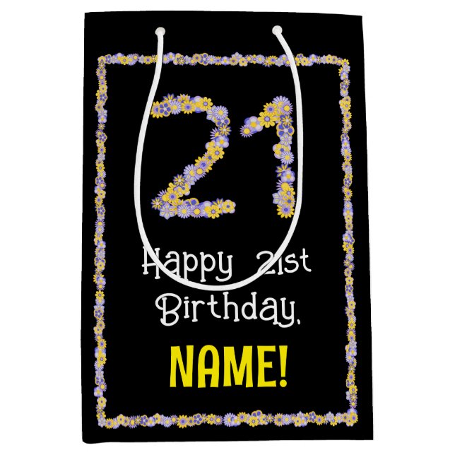 21st Birthday: Floral Flowers Number, Custom Name Medium Gift Bag (Front)