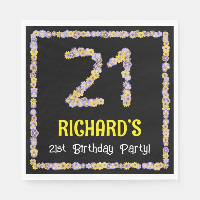 21st Birthday: Floral Flowers Number, Custom Name Napkin (Front)
