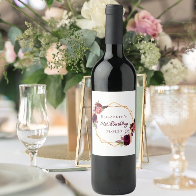 21st birthday floral gold white geometric name wine label (Creator Uploaded)
