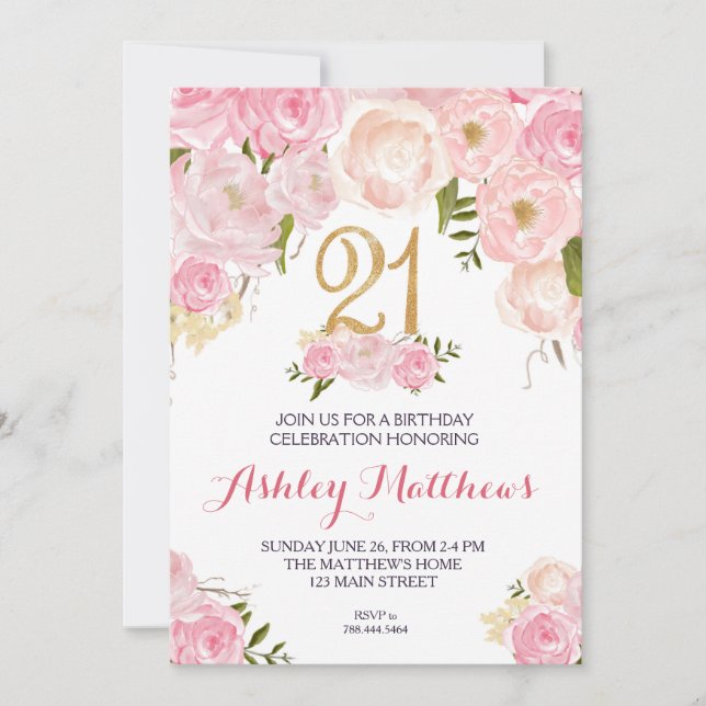 21st birthday Floral Invitation, Invitation (Front)