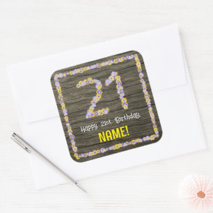 21st Birthday: Floral Number, Faux Wood Look, Name Square Sticker