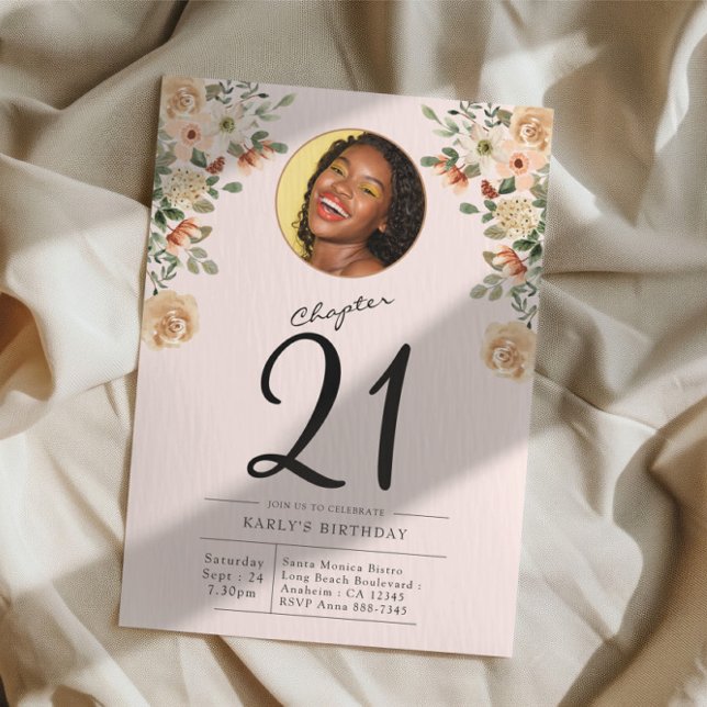 21st Birthday Floral Photo Party Invitation (Custom blush pink 21st birthday floral party invitation on a cloth background)