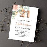 21st birthday floral rose gold eucalyptus greenery invitation<br><div class="desc">An elegant invitation for a 21st birthday party. A chic white background. Decorated with a rose gold and blush pink watercolored rose flower, floral, green eucalyptus leaves, sprigs, greenery and faux gold sprigs. Personalise and the name and party details. Black and golden letters. The name is written with a modern...</div>