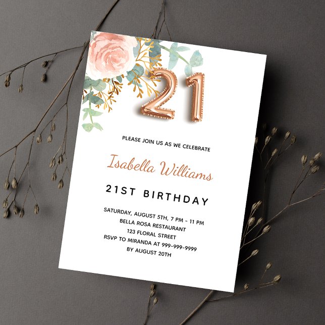 21st birthday floral rose gold eucalyptus greenery invitation (Creator Uploaded)