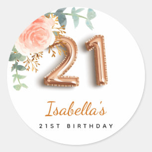21st birthday floral rose gold eucalyptus monogram classic round sticker