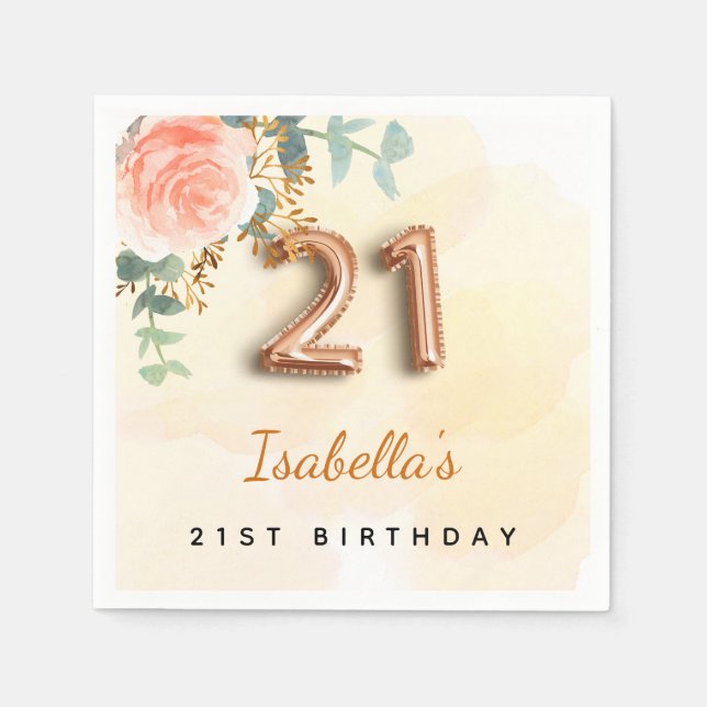 21st birthday floral rose gold eucalyptus monogram napkin (Front)