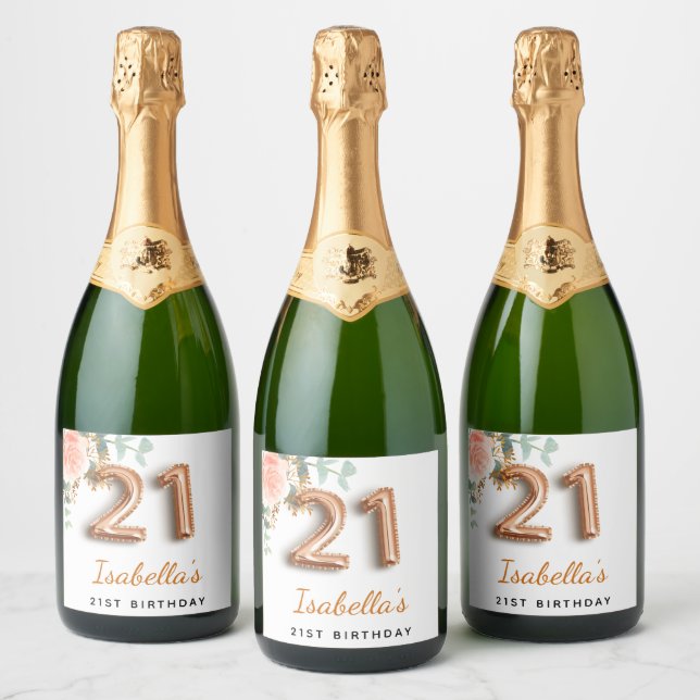 21st birthday floral rose gold eucalyptus monogram sparkling wine label (Bottles)