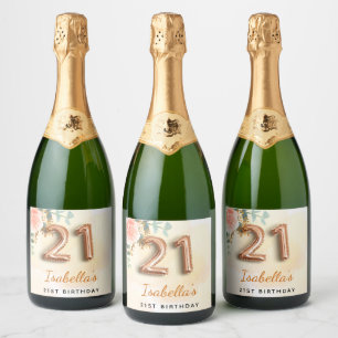 21st birthday floral rose gold eucalyptus monogram sparkling wine label