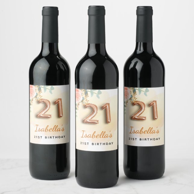 21st birthday floral rose gold eucalyptus monogram wine label (Bottles)