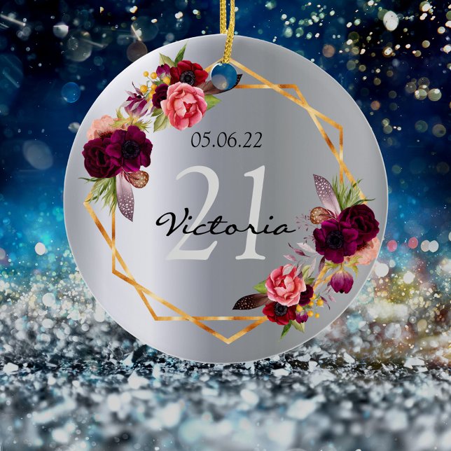 21st birthday florals gold silver monogram ceramic tree decoration (Creator Uploaded)