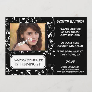 21st Birthday for Young Lady BW Floral with Photo Invitation