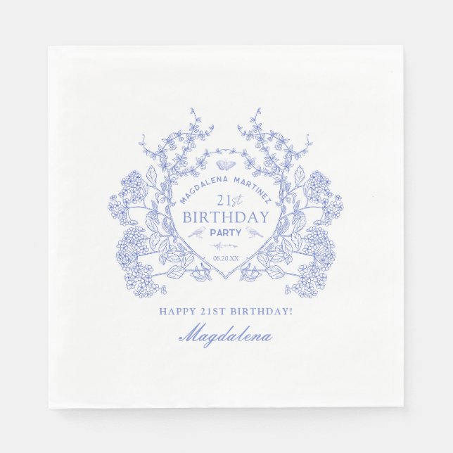 21st Birthday French Blue Floral Crest Custom Napkin (Front)