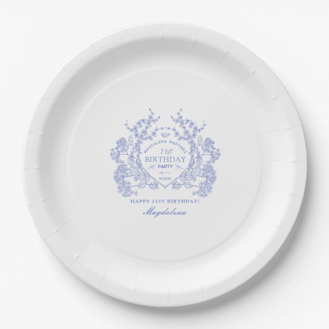 21st Birthday French Blue Floral Crest Custom Paper Plate (Front)