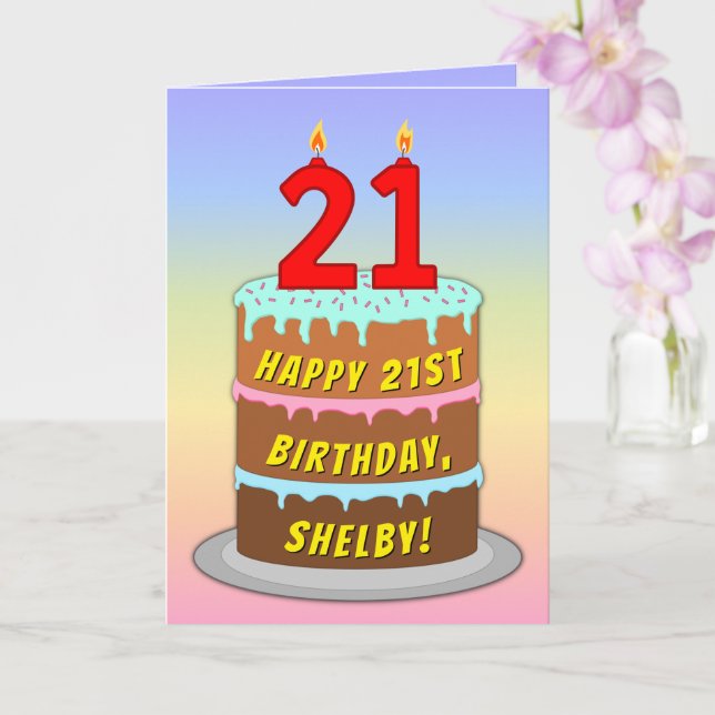 21st Birthday — Fun Cake & Candles, w/ Custom Name Card (Orchid)