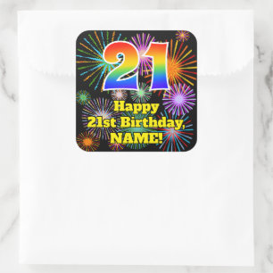 21st Birthday: Fun Fireworks Look, Rainbow # 21 Square Sticker