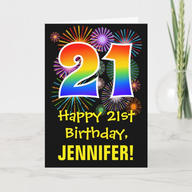 21st Birthday: Fun Fireworks Pattern + Rainbow 21 Card (Front)
