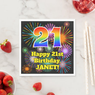 21st Birthday: Fun Fireworks Pattern + Rainbow 21 Napkin