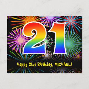 21st Birthday – Fun Fireworks Pattern + Rainbow 21 Postcard